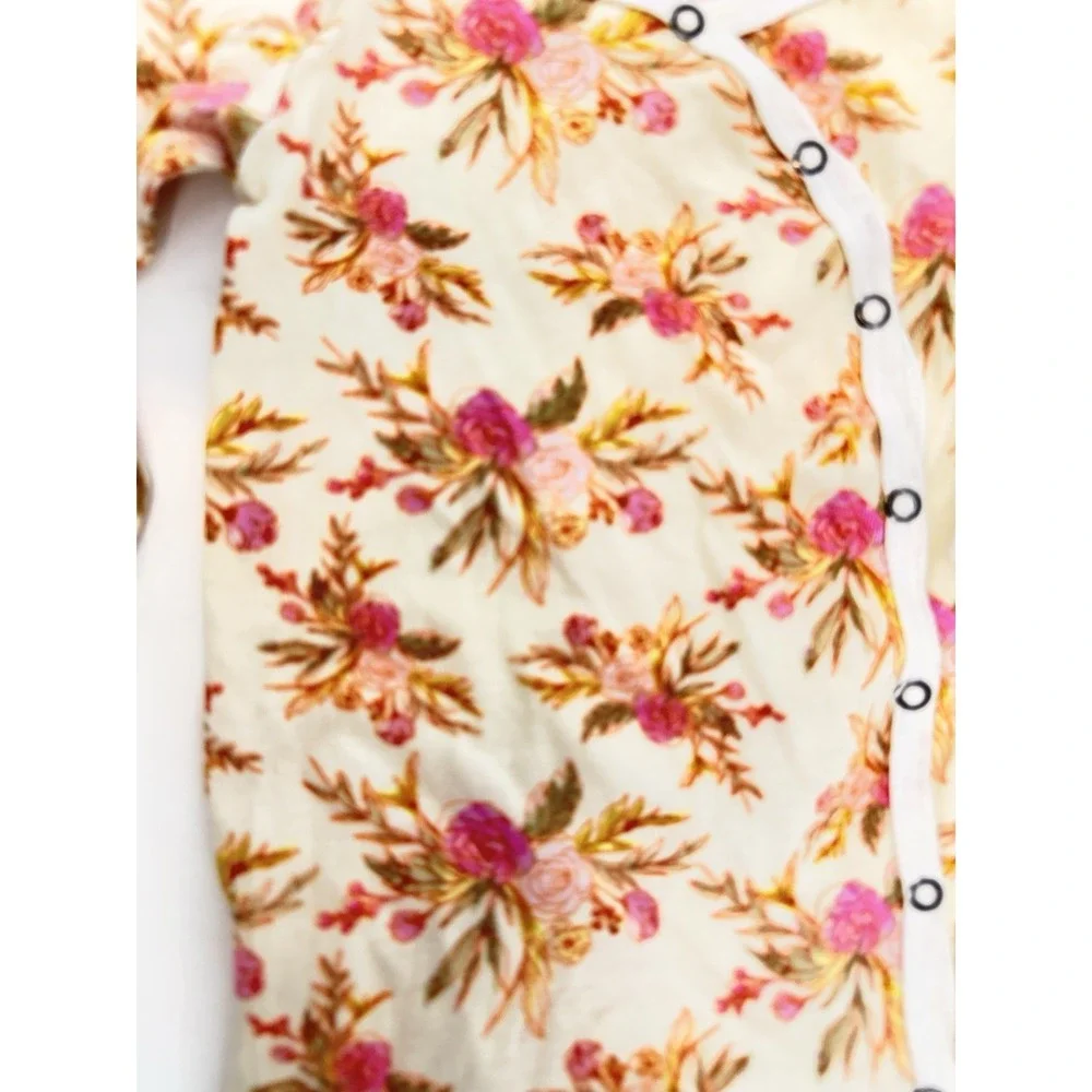 Milkbarn Pink/Cream/Green Floral Bamboo Knit Snap Front Footie-3-6 mos